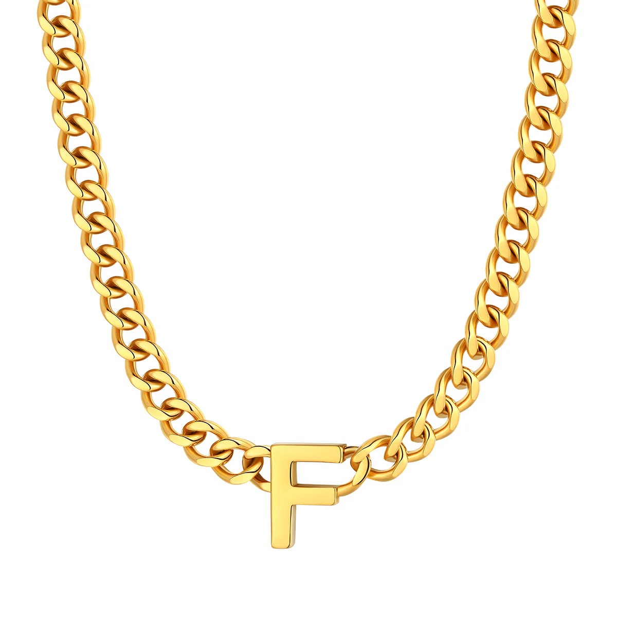 Initial F Cuban Chain Necklace for Men Women 7MM gold 