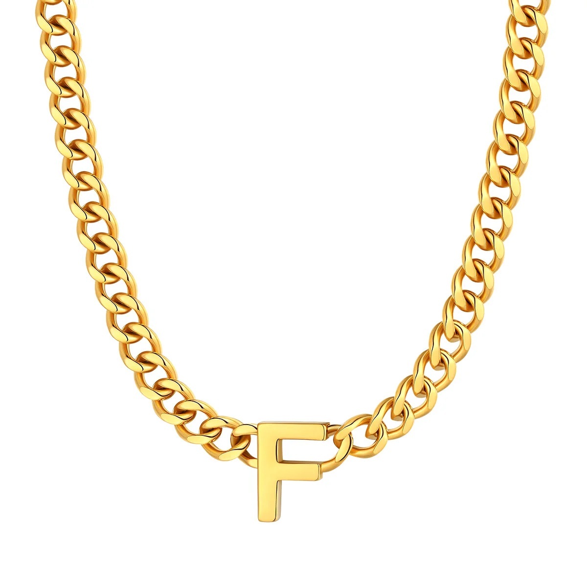Initial F Cuban Chain Necklace for Men Women 7MM gold 