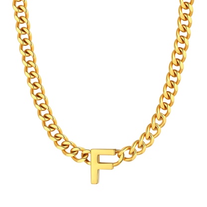 Initial F Cuban Chain Necklace for Men Women 7MM gold 