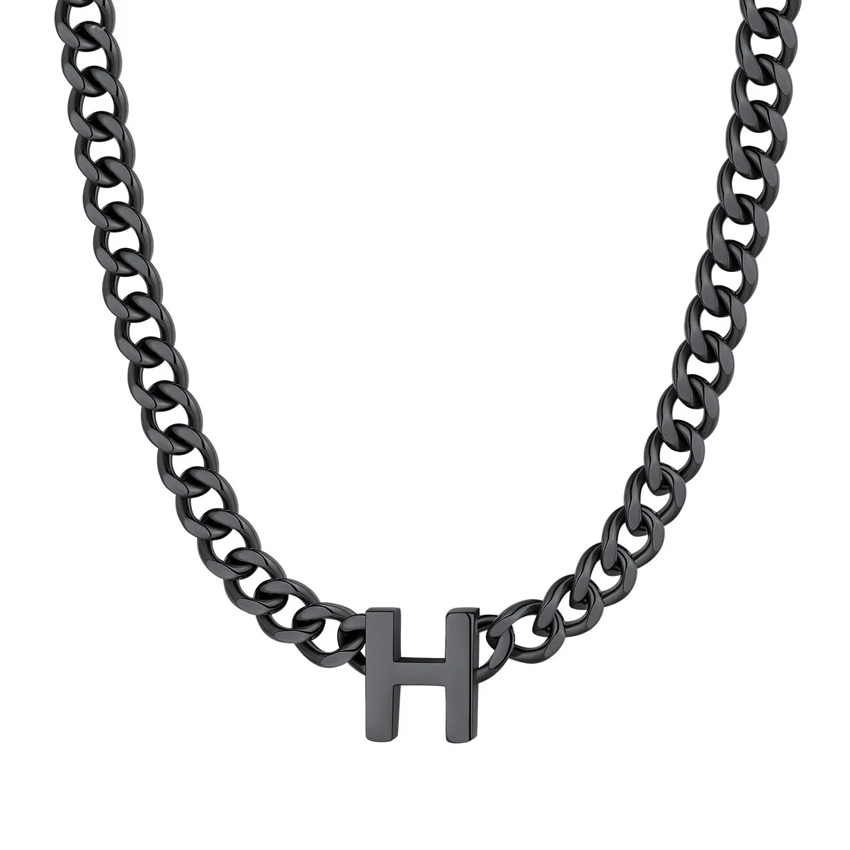 Initial H Cuban Chain Necklace for Men Women 7MM Black 
