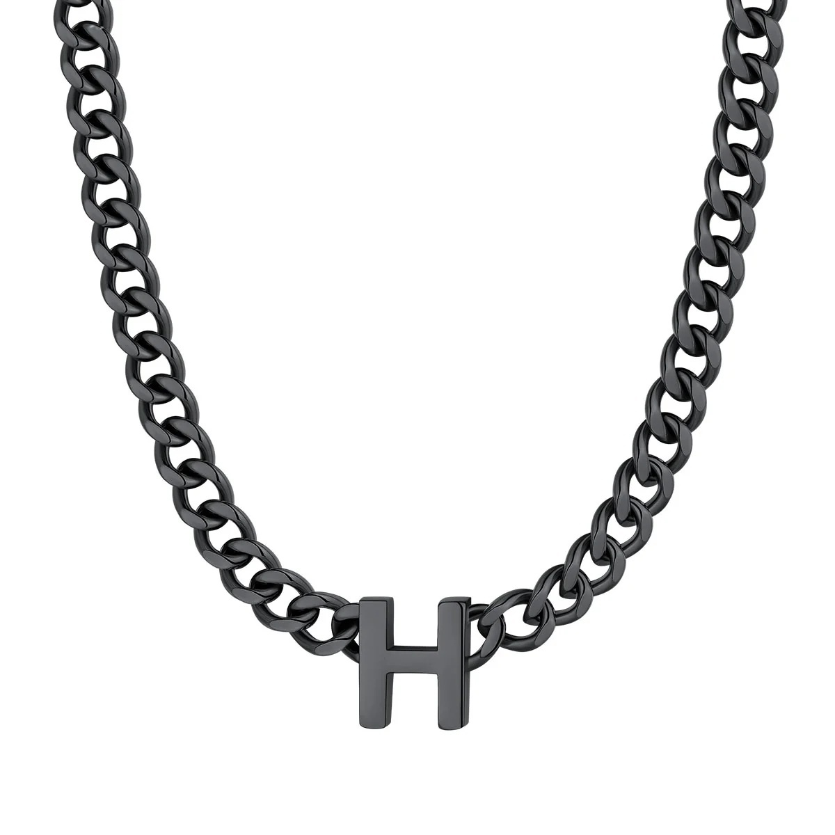 Initial H Cuban Chain Necklace for Men Women 7MM Black 