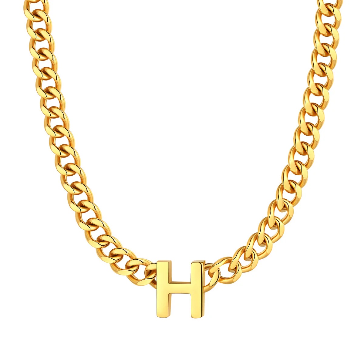 Initial H Cuban Chain Necklace for Men Women 7MM gold 