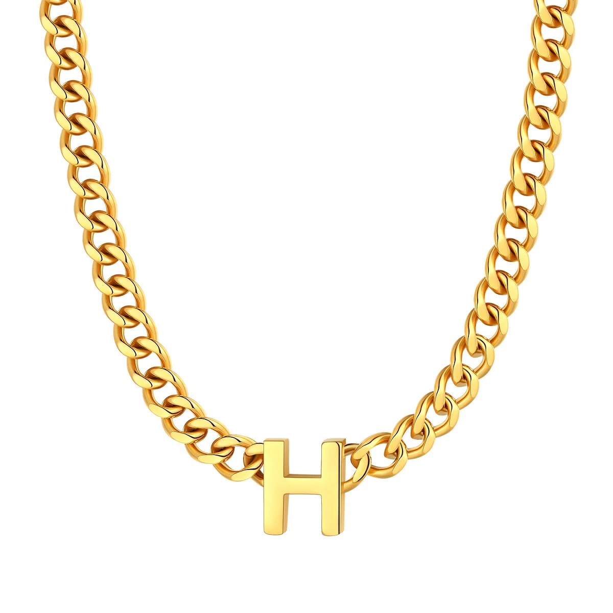 Initial H Cuban Chain Necklace for Men Women 7MM gold 