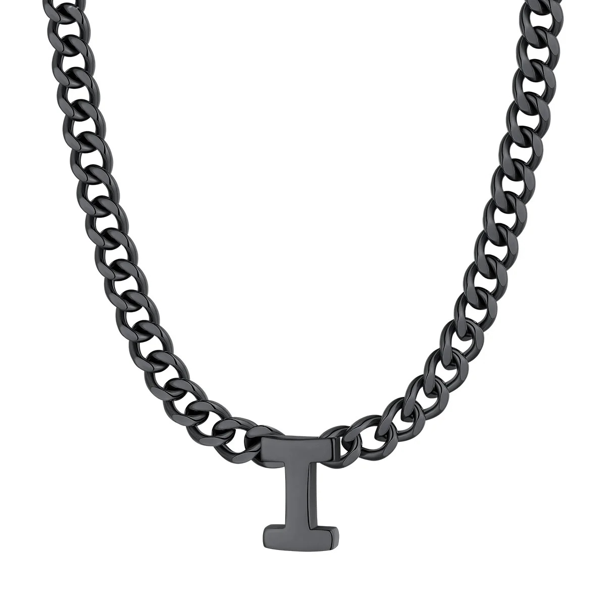 Initial I Cuban Chain Necklace for Men Women 7MM Black 