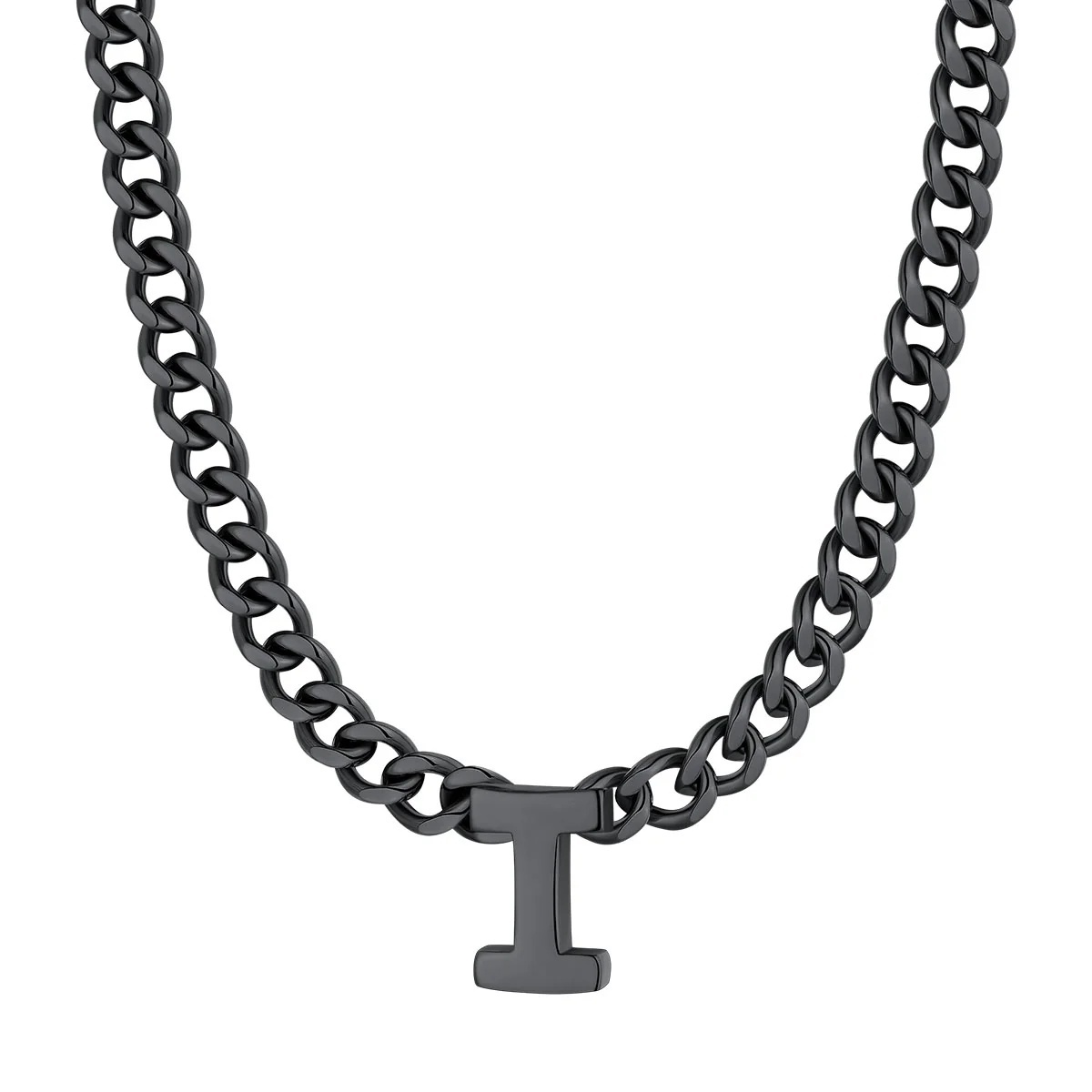 Initial I Cuban Chain Necklace for Men Women 7MM Black 