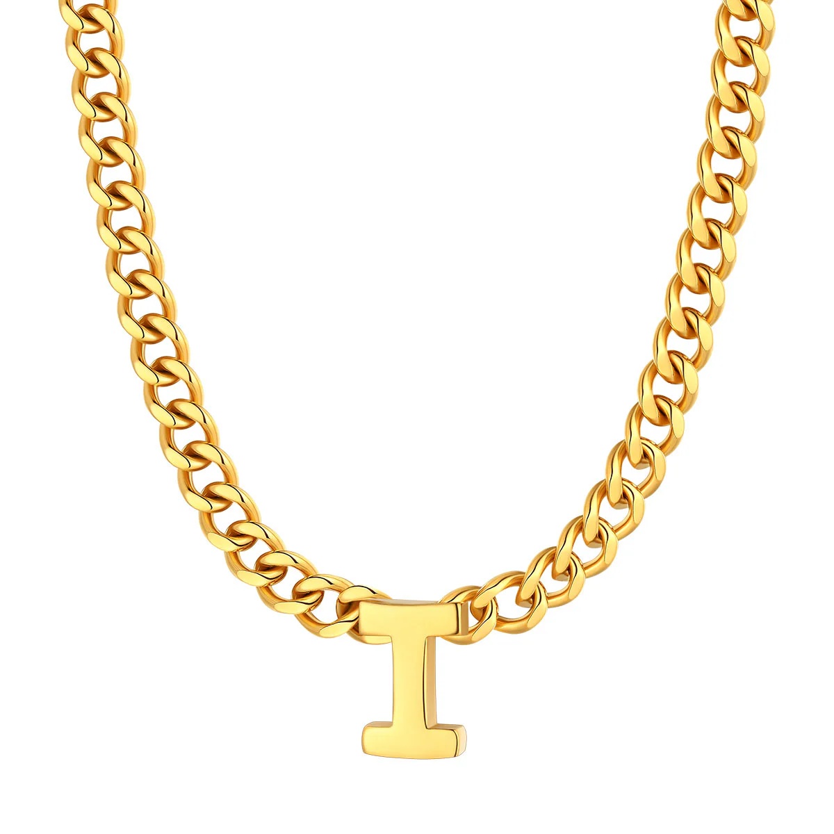 Initial I Cuban Chain Necklace for Men Women 7MM gold 