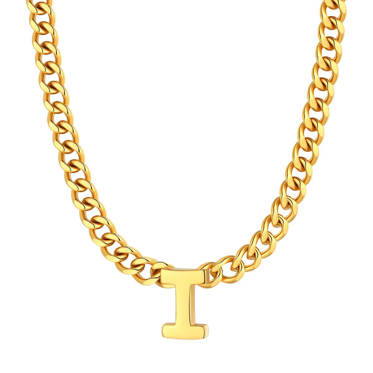 Initial I Cuban Chain Necklace for Men Women 7MM gold 