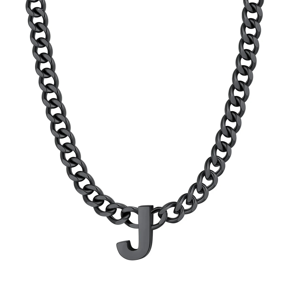 Initial J Cuban Chain Necklace for Men Women 7MM Black 
