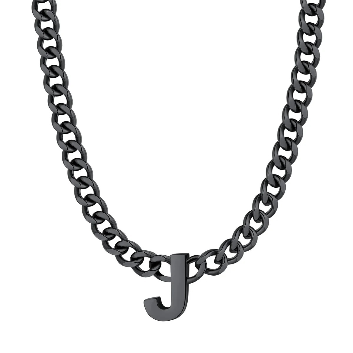 Initial J Cuban Chain Necklace for Men Women 7MM Black 