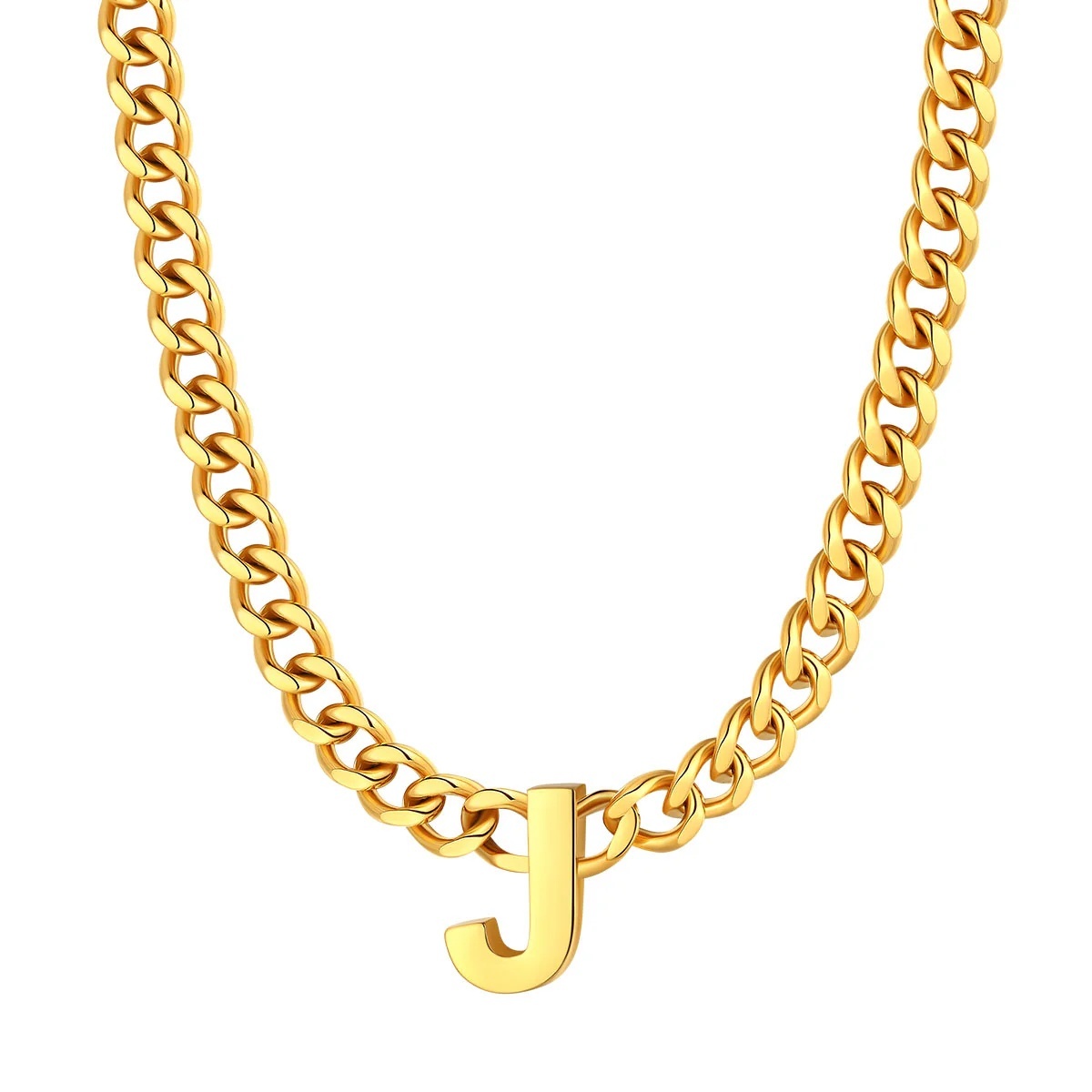 Initial J Cuban Chain Necklace for Men Women 7MM gold 