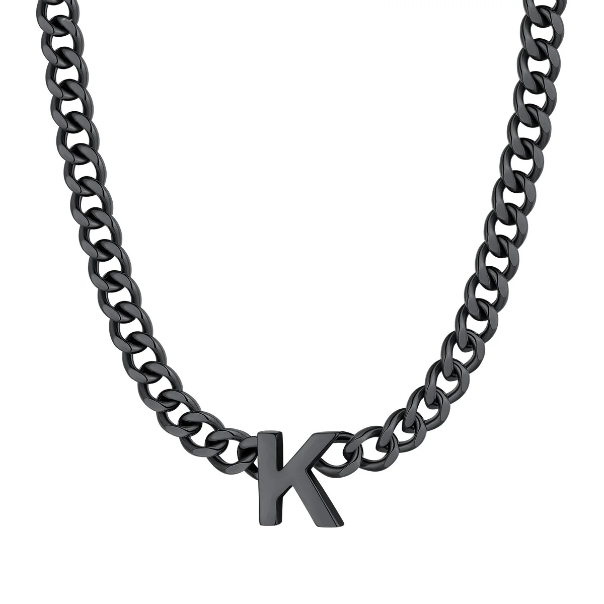 Initial K Cuban Chain Necklace for Men Women 7MM  Black 