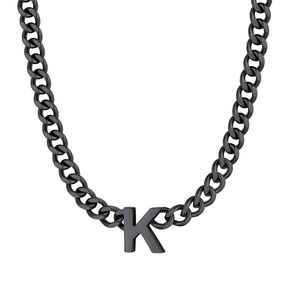 Initial K Cuban Chain Necklace for Men Women 7MM  Black 