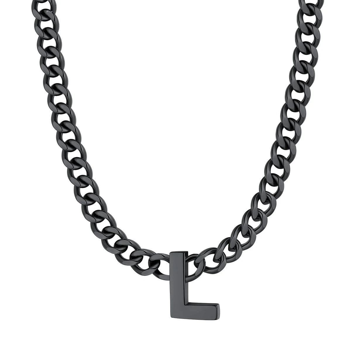 Initial L Cuban Chain Necklace for Men Women 7MM Black 