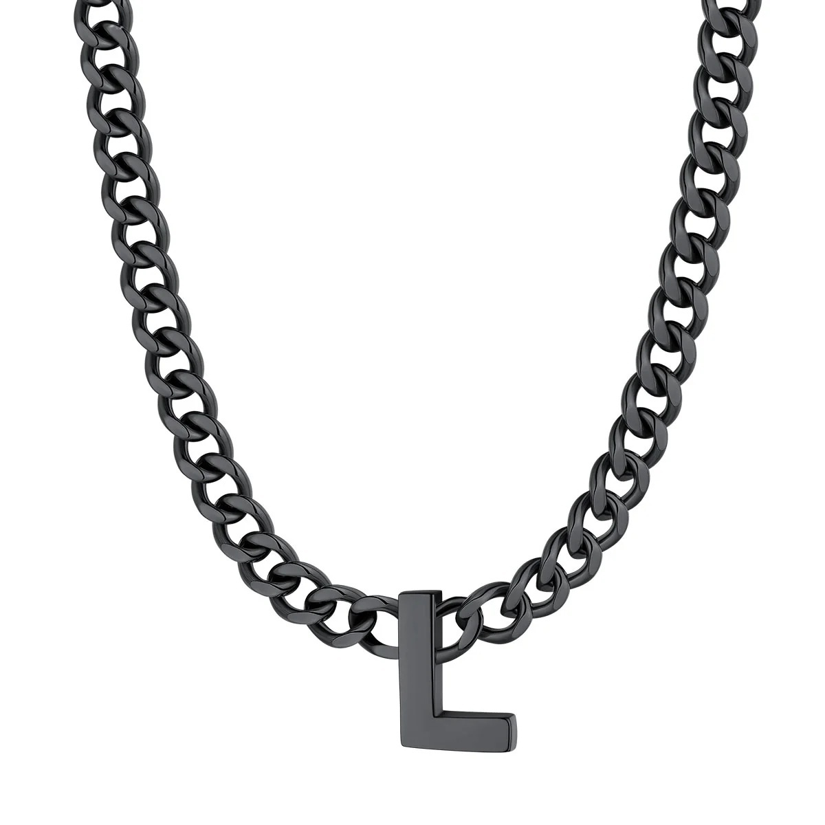 Initial L Cuban Chain Necklace for Men Women 7MM Black 