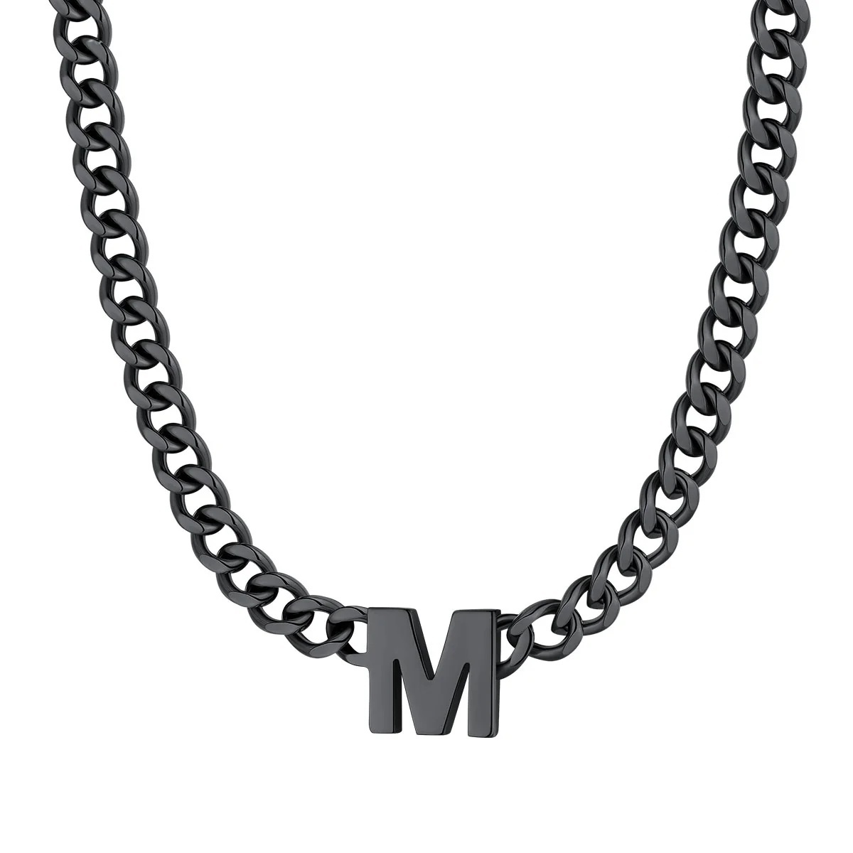 Initial M Cuban Chain Necklace for Men Women 7MM Black 