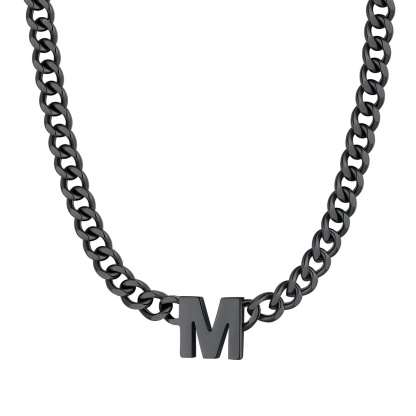 Initial M Cuban Chain Necklace for Men Women 7MM Black 