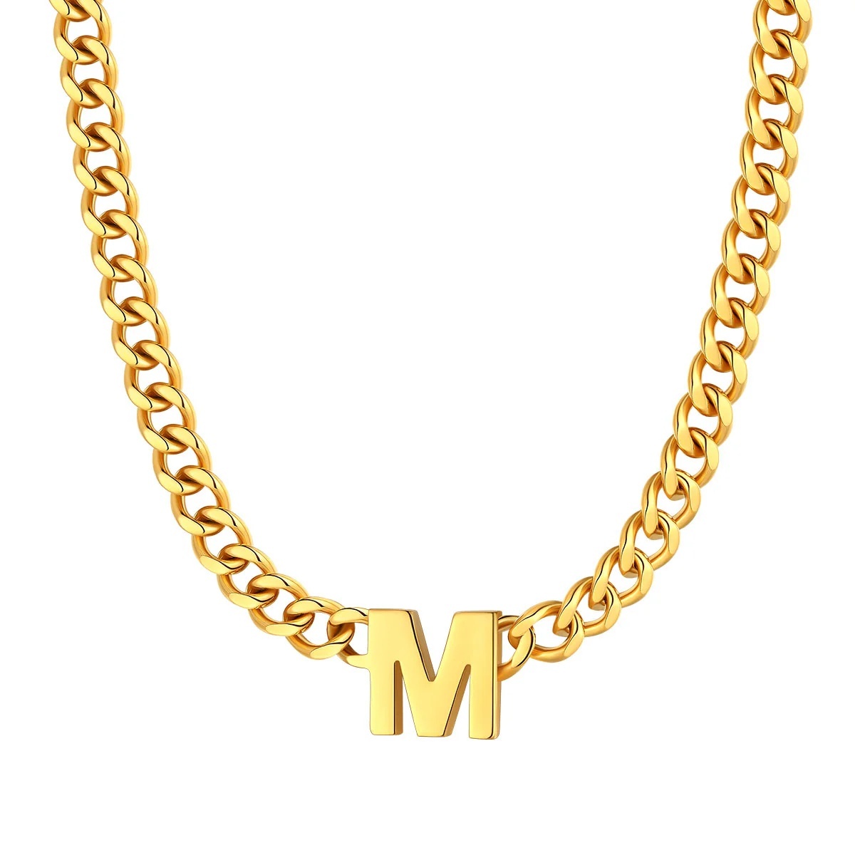 Initial M Cuban Chain Necklace for Men Women 7MM gold 