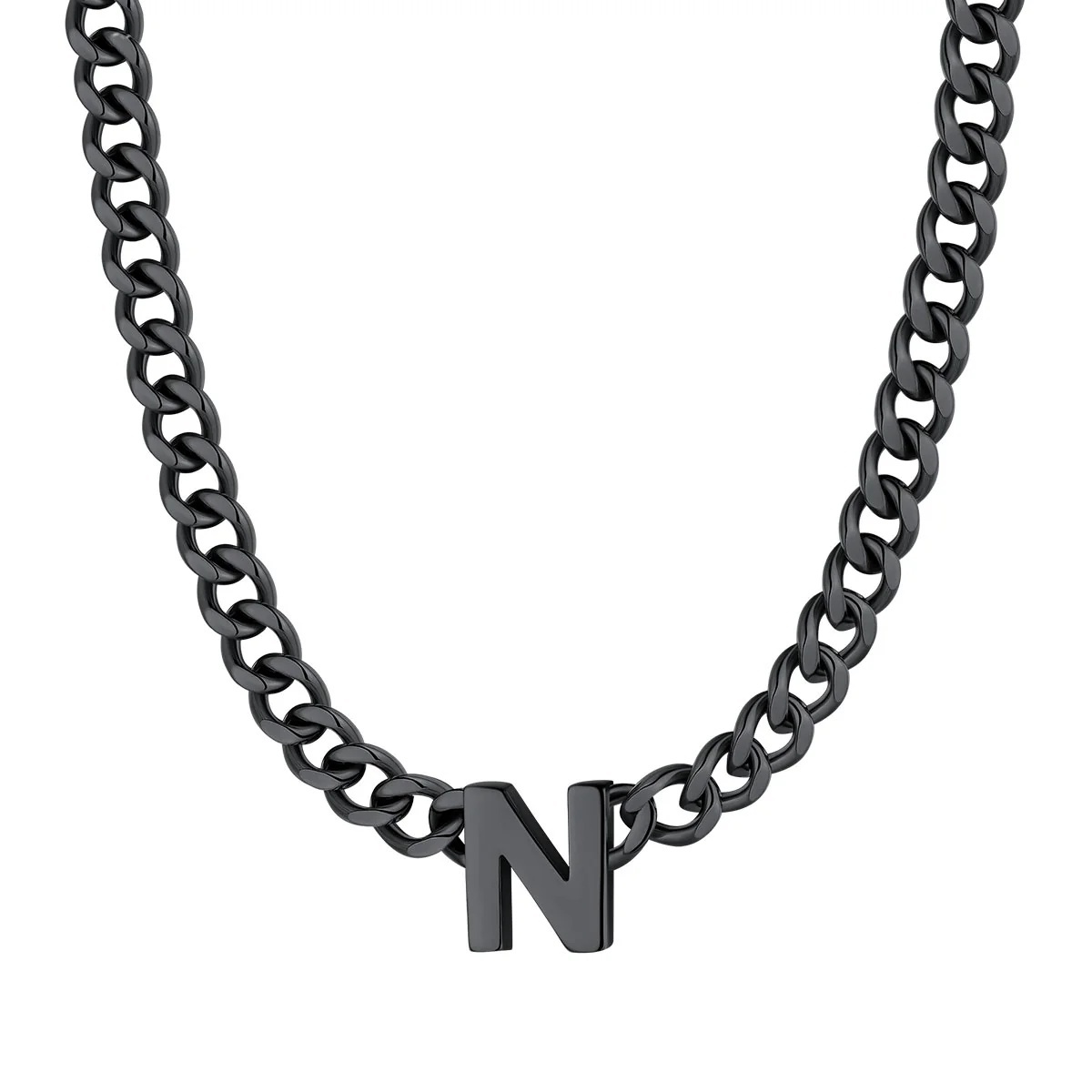 Initial N Cuban Chain Necklace for Men Women 7MM Black 