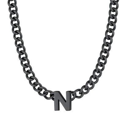Initial N Cuban Chain Necklace for Men Women 7MM Black 