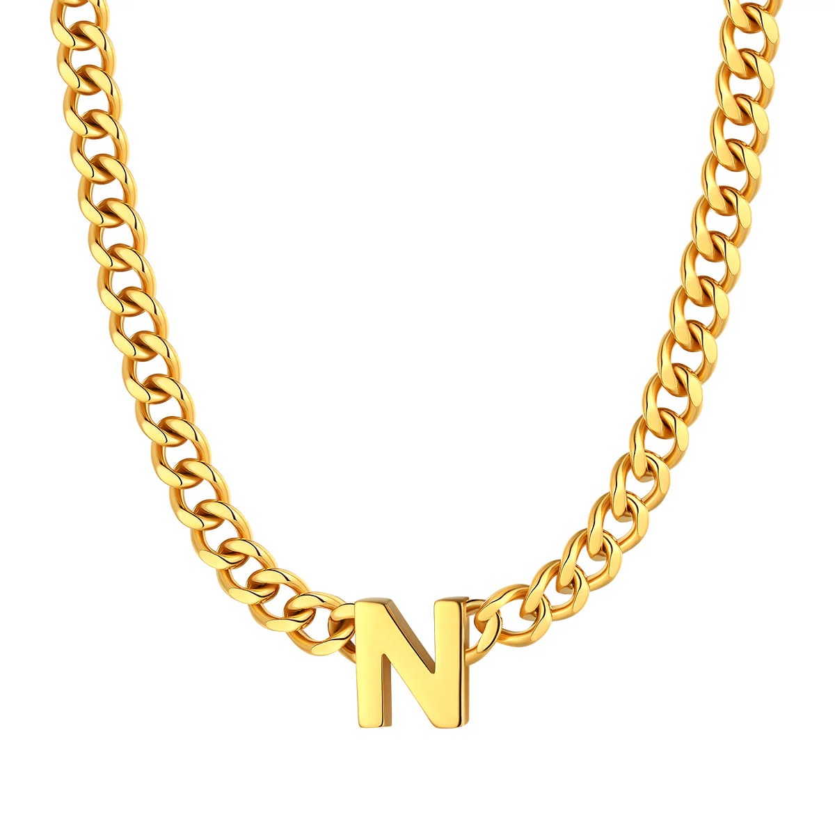 Initial N Cuban Chain Necklace for Men Women 7MM gold 