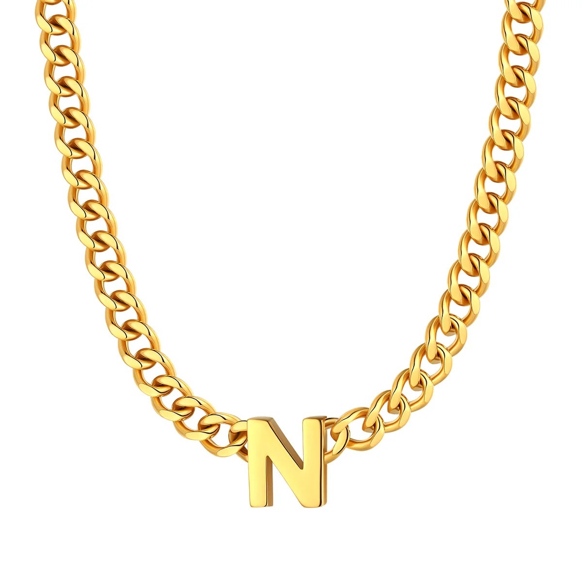 Initial N Cuban Chain Necklace for Men Women 7MM gold 