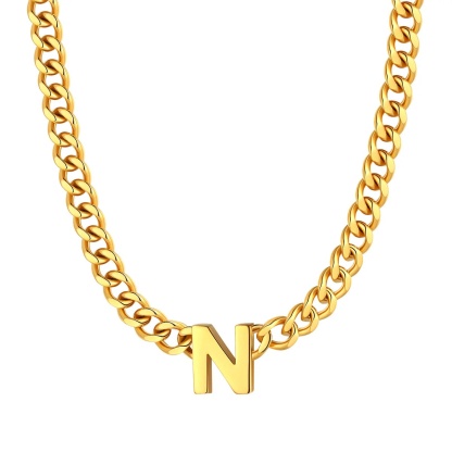 Initial N Cuban Chain Necklace for Men Women 7MM gold 