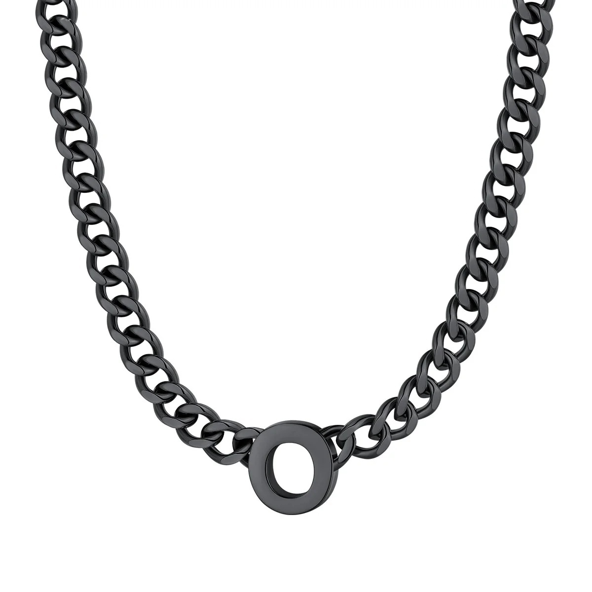 Initial O Cuban Chain Necklace for Men Women 7MM Black 