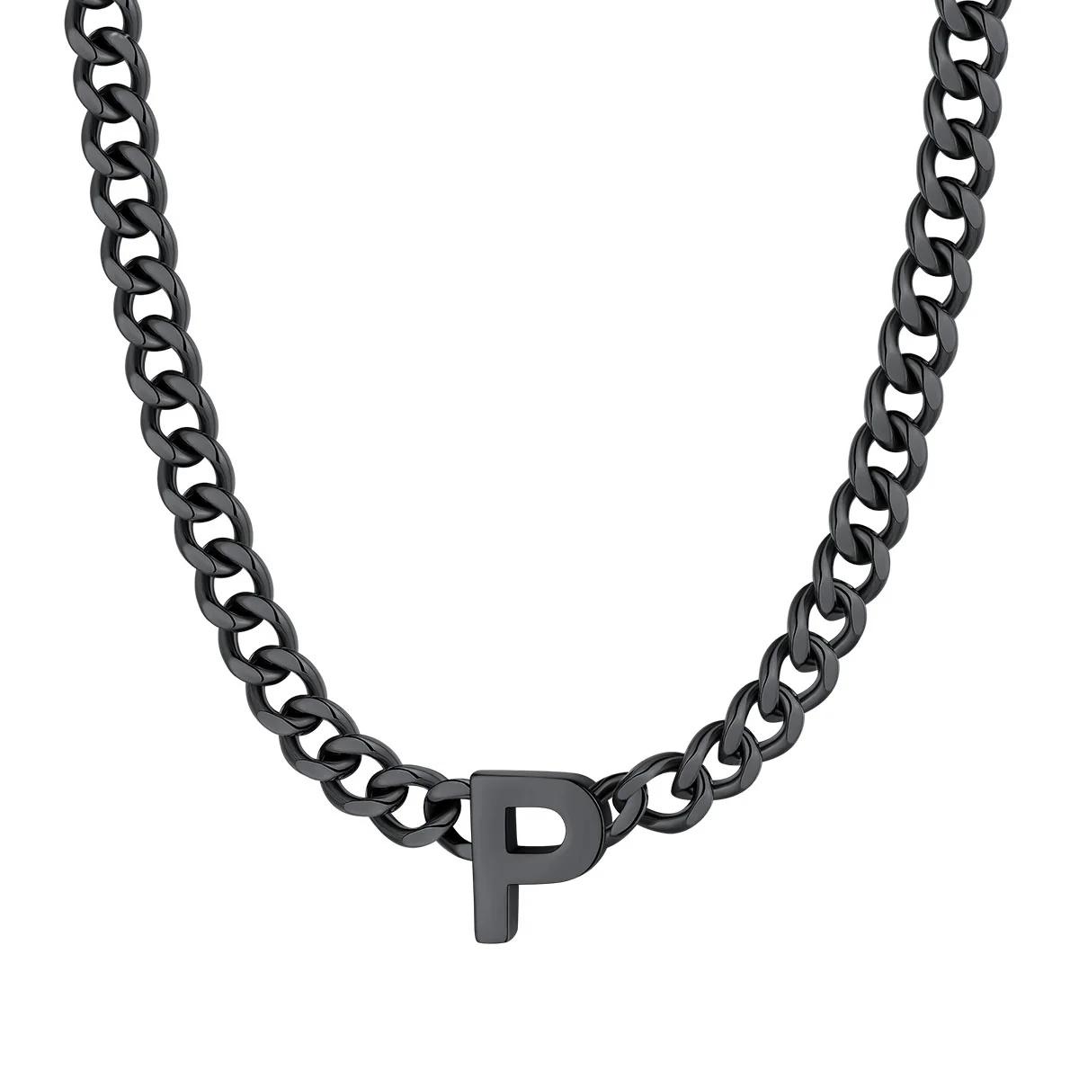Initial Cuban P Chain Necklace for Men Women 7MM Black 