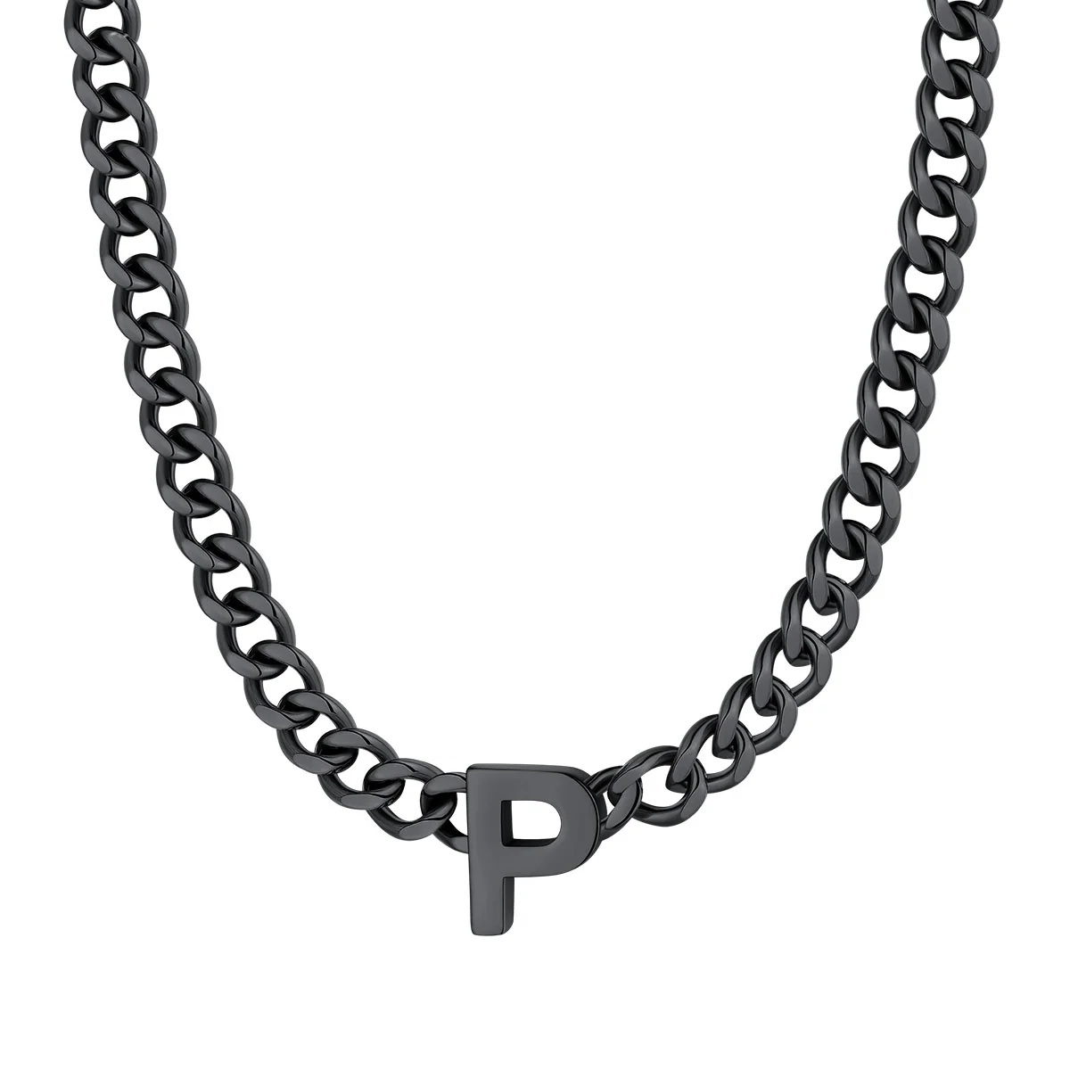Initial Cuban P Chain Necklace for Men Women 7MM Black 
