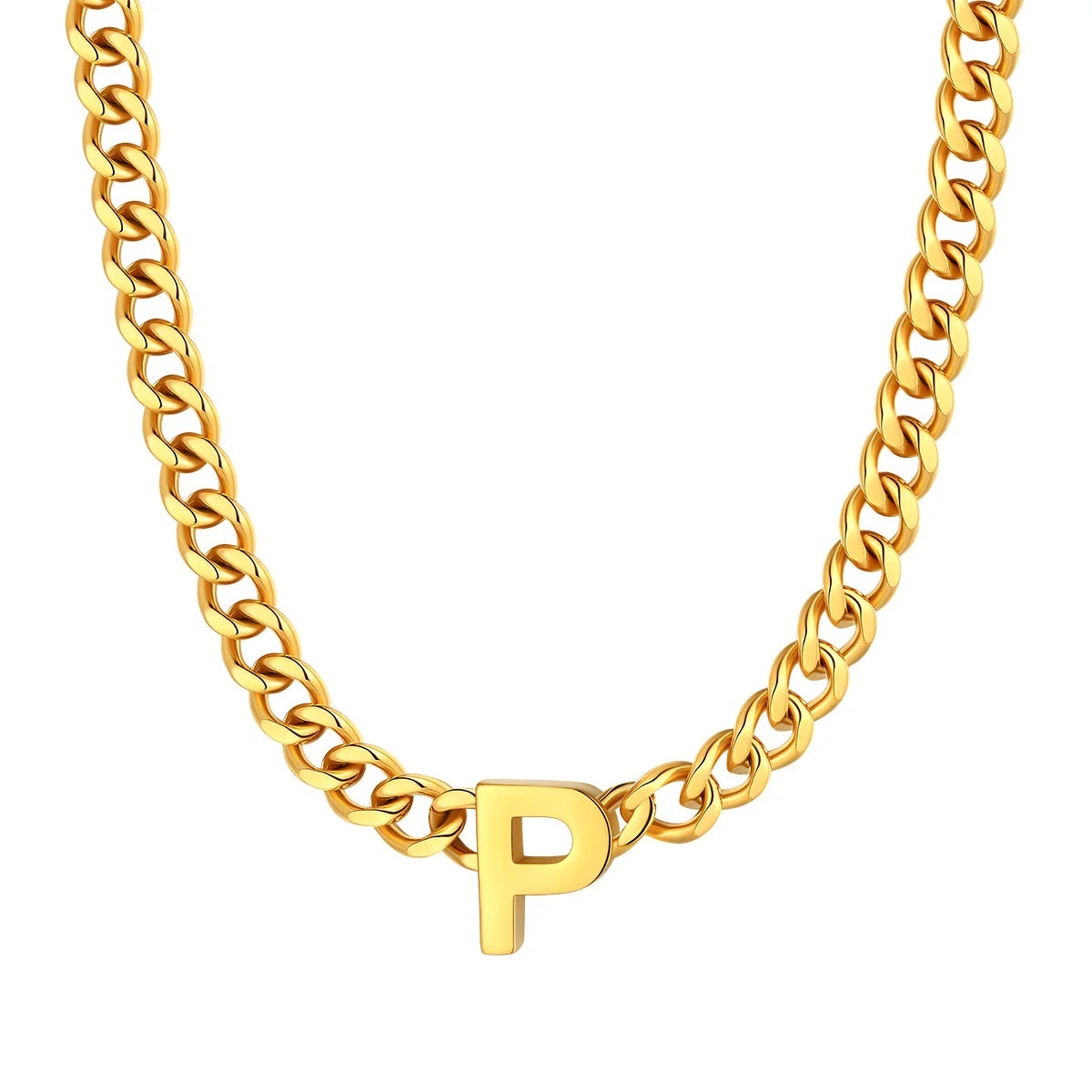Initial P Cuban Chain Necklace for Men Women 7MM  gold 