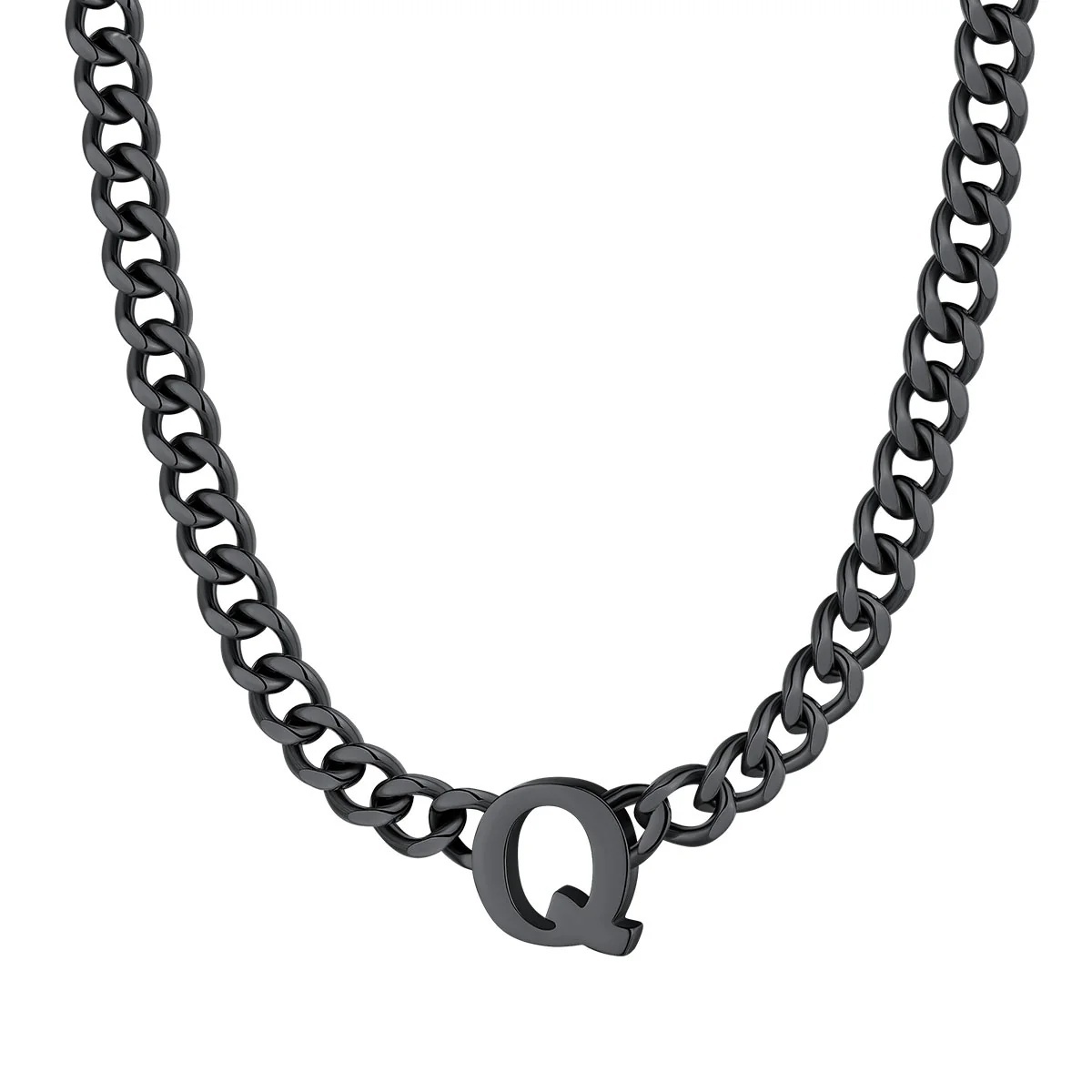Initial Q Cuban Chain Necklace for Men Women 7MM Black 