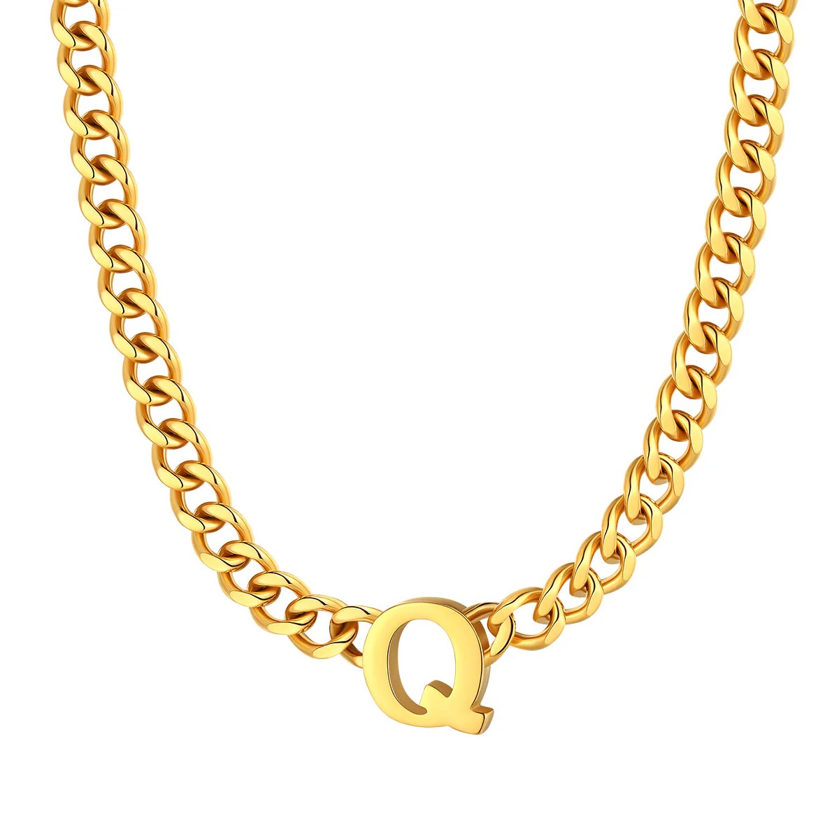 Initial Q Cuban Chain Necklace for Men Women 7MM gold 
