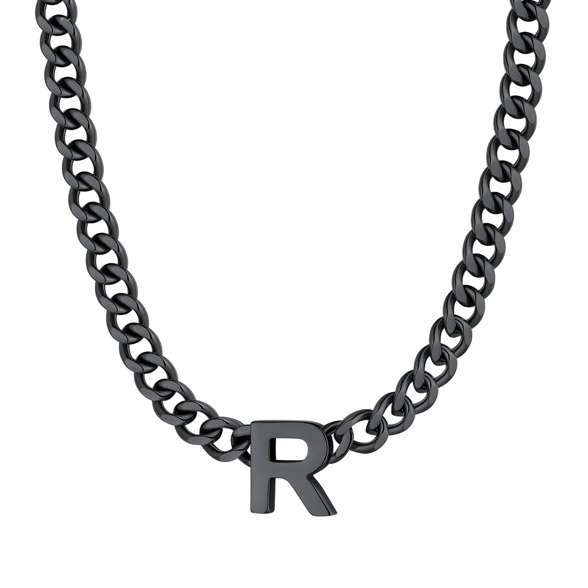 Initial R Cuban Chain Necklace for Men Women 7MM Black 