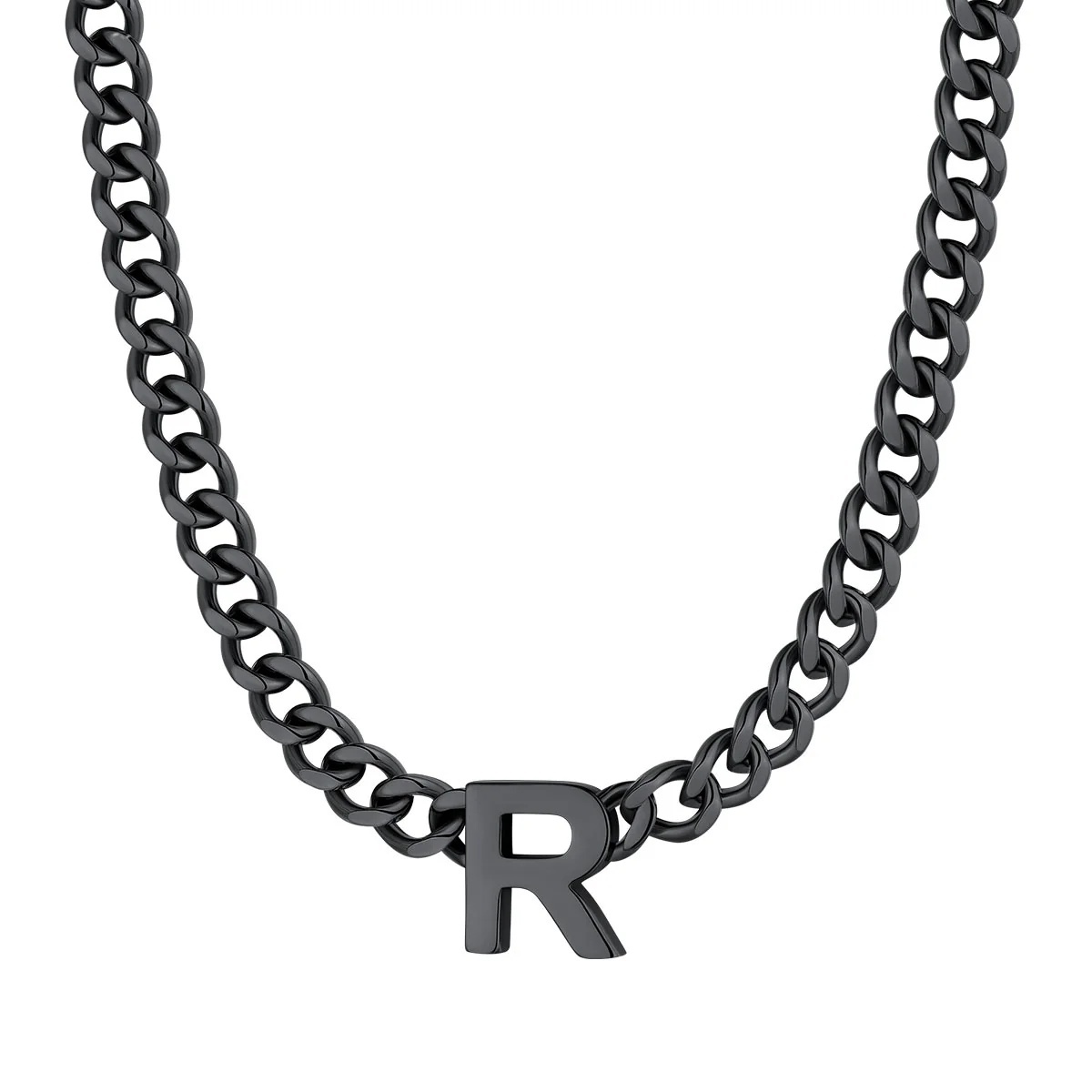 Initial R Cuban Chain Necklace for Men Women 7MM Black 