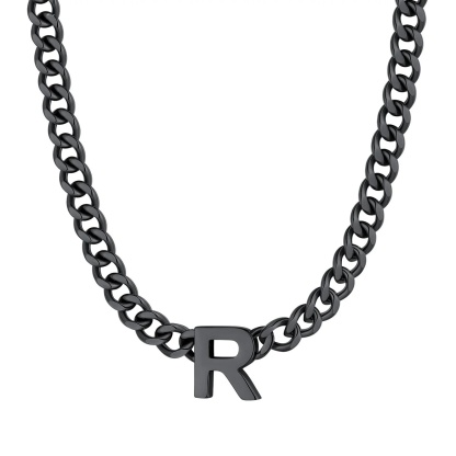 Initial R Cuban Chain Necklace for Men Women 7MM Black 