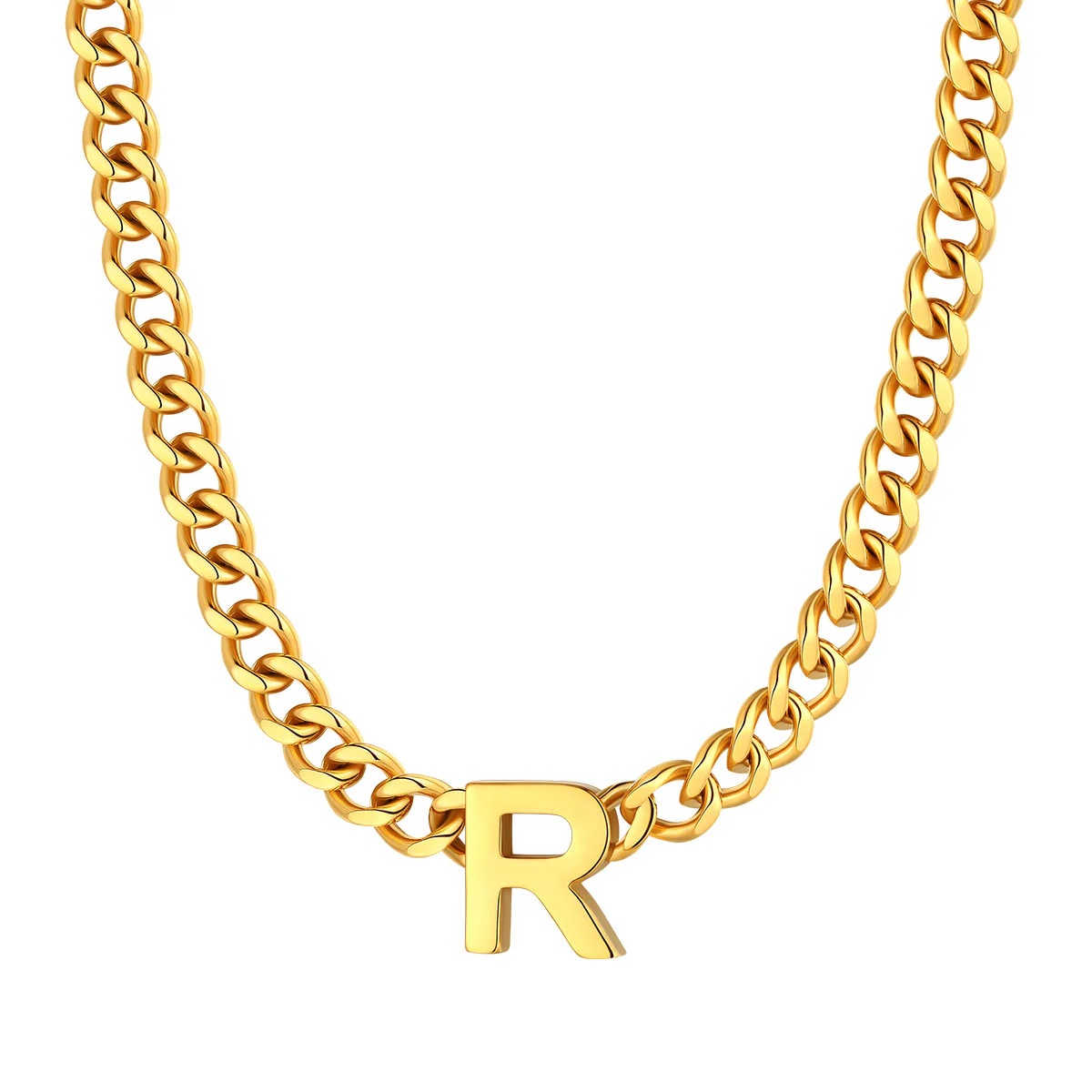 Initial R Cuban Chain Necklace for Men Women 7MM gold 