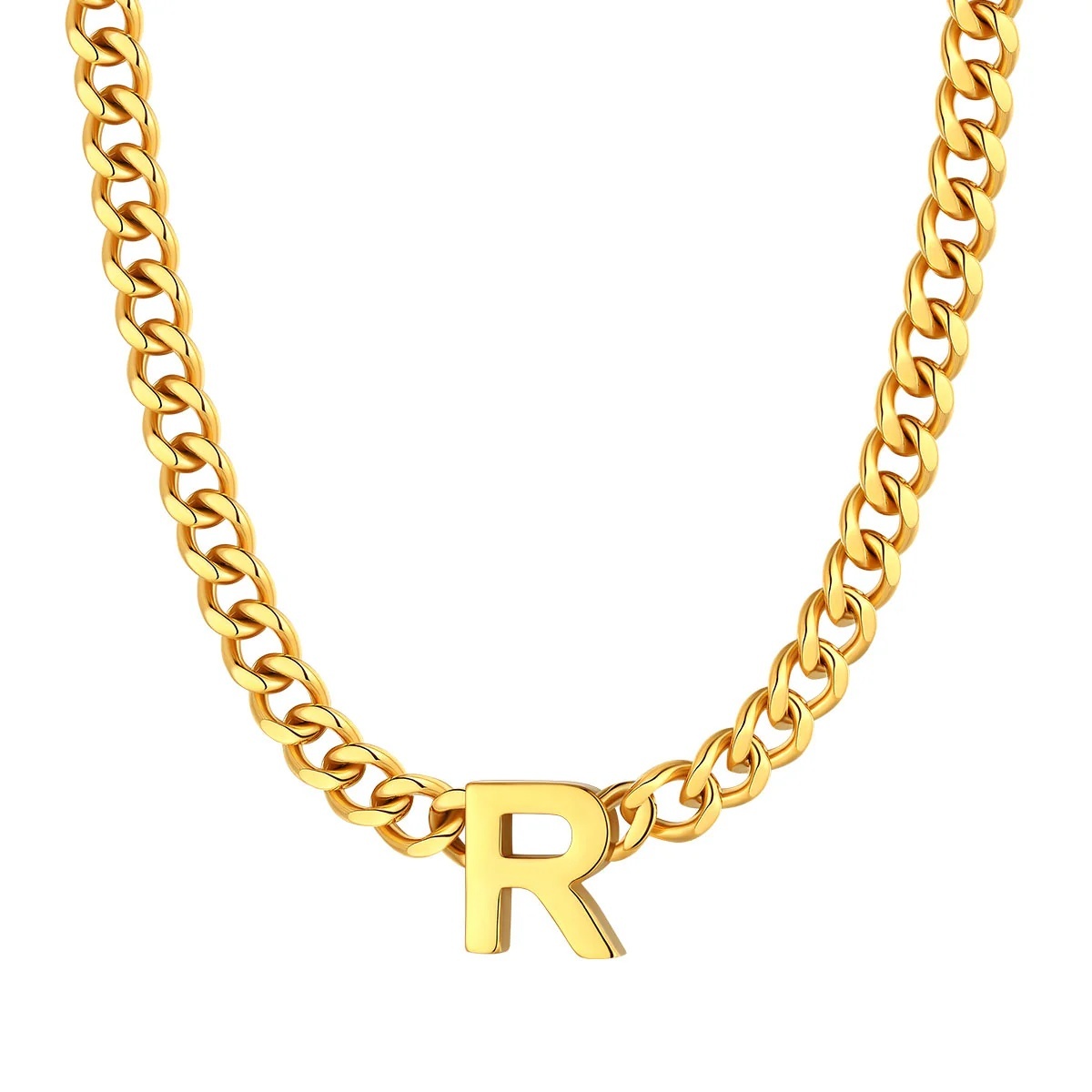 Initial R Cuban Chain Necklace for Men Women 7MM gold 