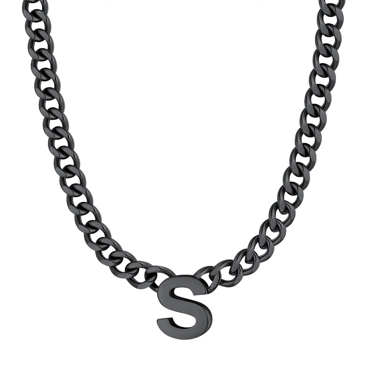 Initial S Cuban Chain Necklace for Men Women 7MM Black 