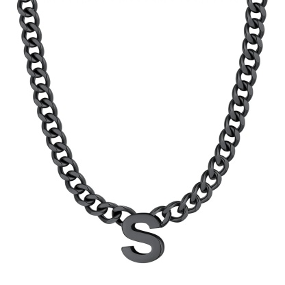 Initial S Cuban Chain Necklace for Men Women 7MM Black 