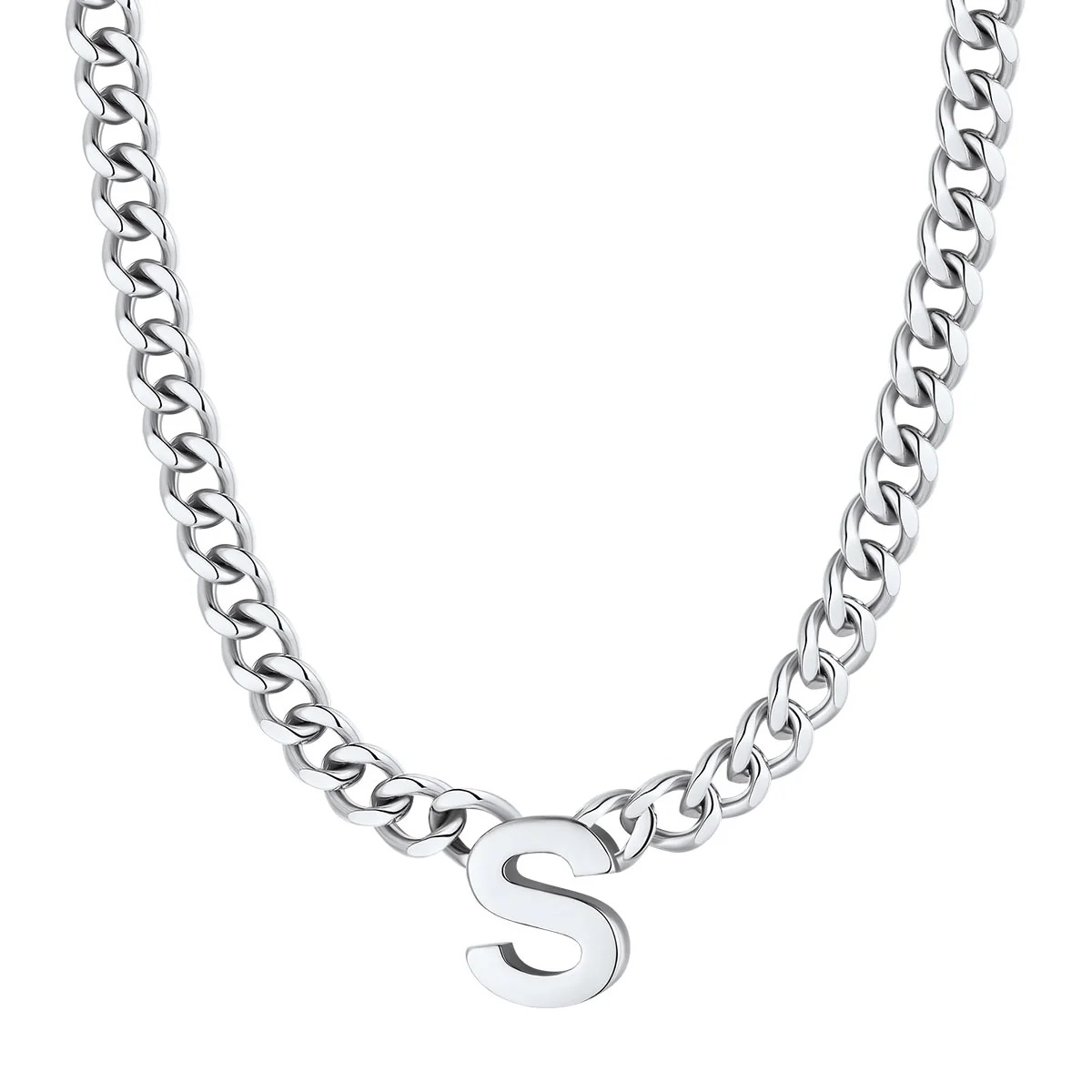 Initial S Cuban Chain Necklace for Men Women 7MM