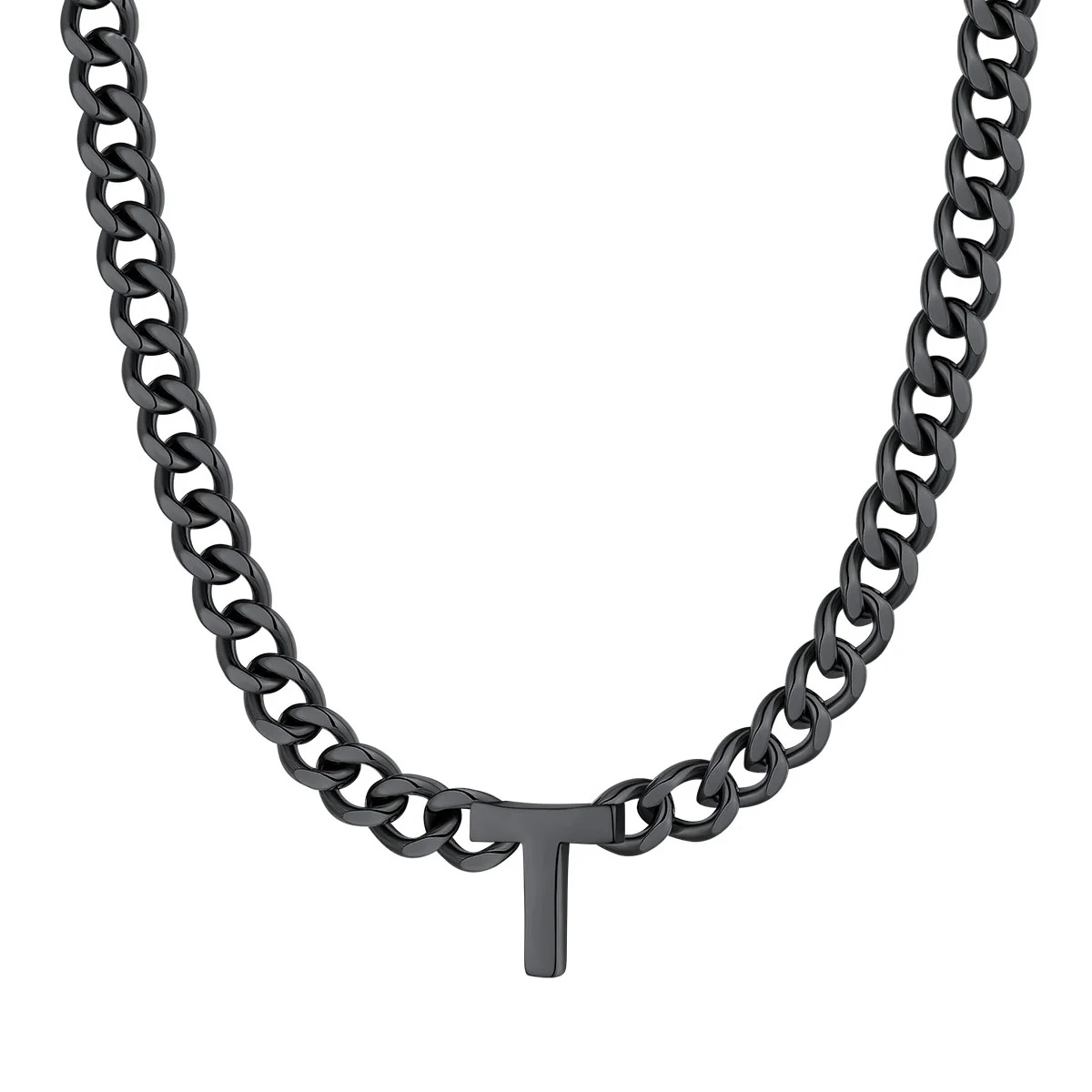 Initial T Cuban Chain Necklace for Men Women 7MM Black 