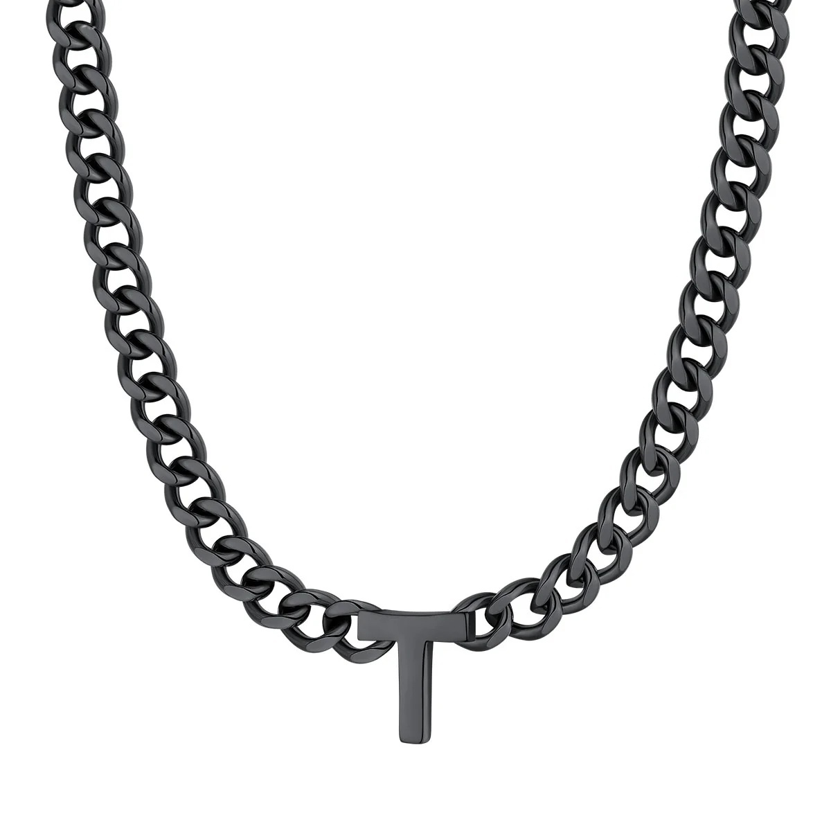 Initial T Cuban Chain Necklace for Men Women 7MM Black 