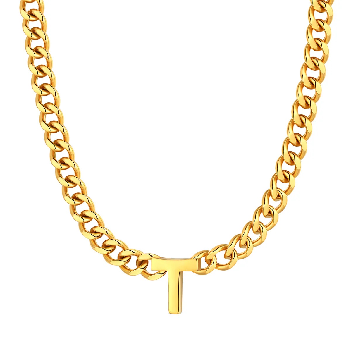 Initial T Cuban Chain Necklace for Men Women 7MM  gold 