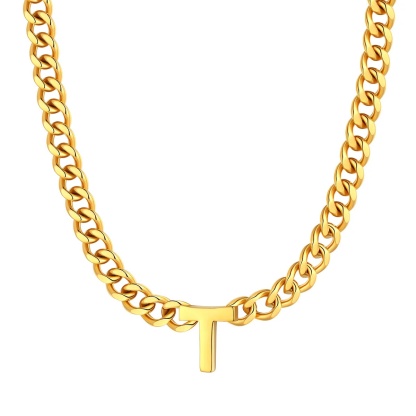 Initial T Cuban Chain Necklace for Men Women 7MM  gold 