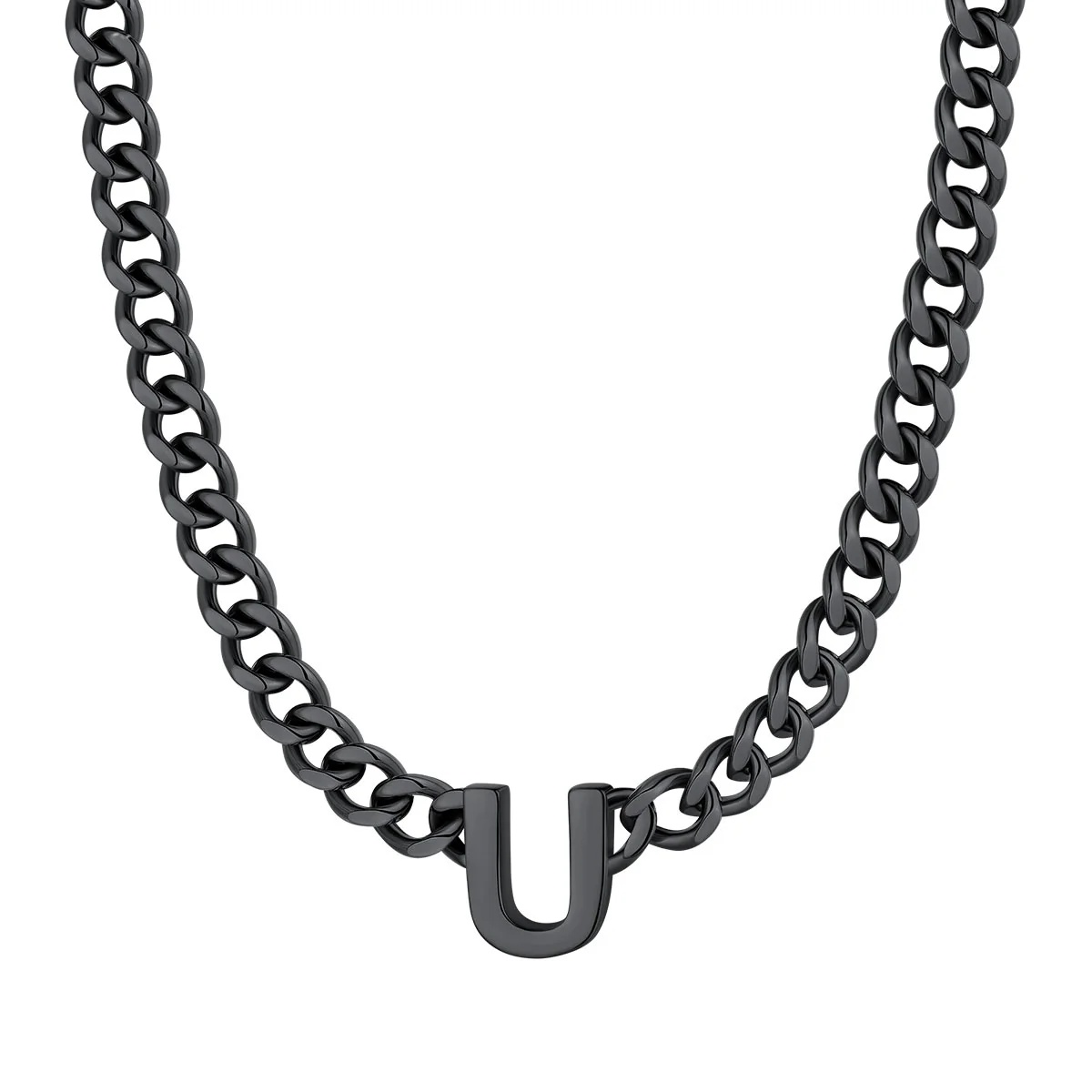Initial U Cuban Chain Necklace for Men Women 7MM Black 