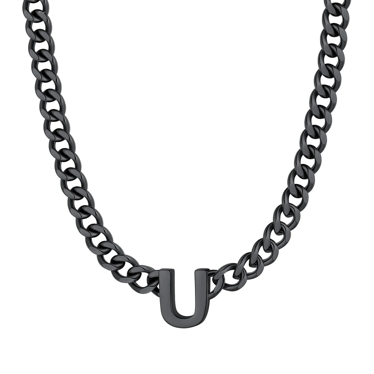Initial U Cuban Chain Necklace for Men Women 7MM Black 