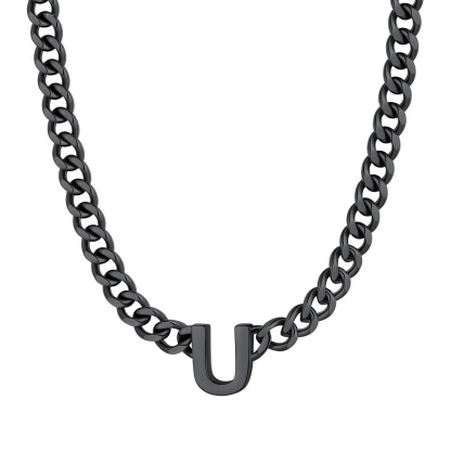 Initial U Cuban Chain Necklace for Men Women 7MM Black 