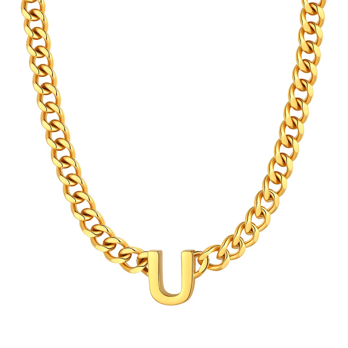 Initial U Cuban Chain Necklace for Men Women 7MM gold 