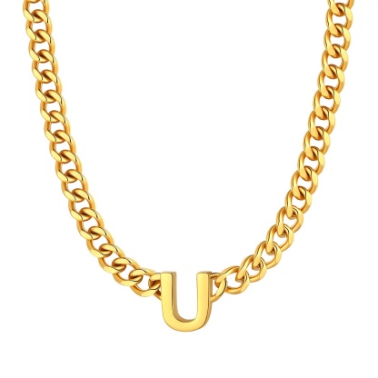 Initial U Cuban Chain Necklace for Men Women 7MM gold 