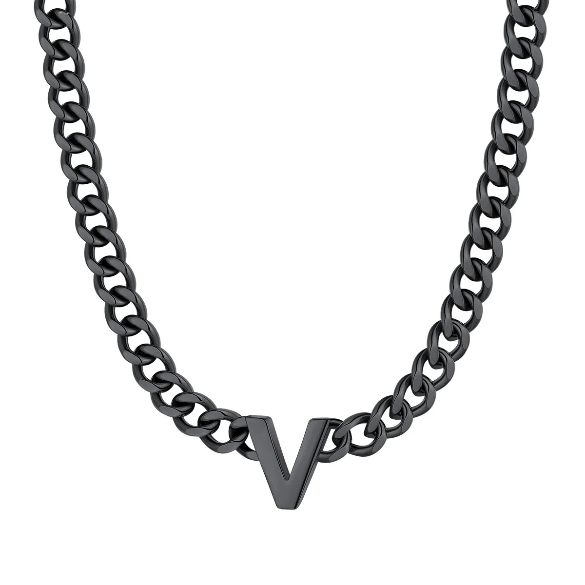 Initial V Cuban Chain Necklace for Men Women 7MM Black 